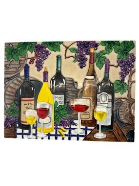 Vintage 90s Wine Tile Wall Art Grapes Ceramic Plaque Ping Signed
